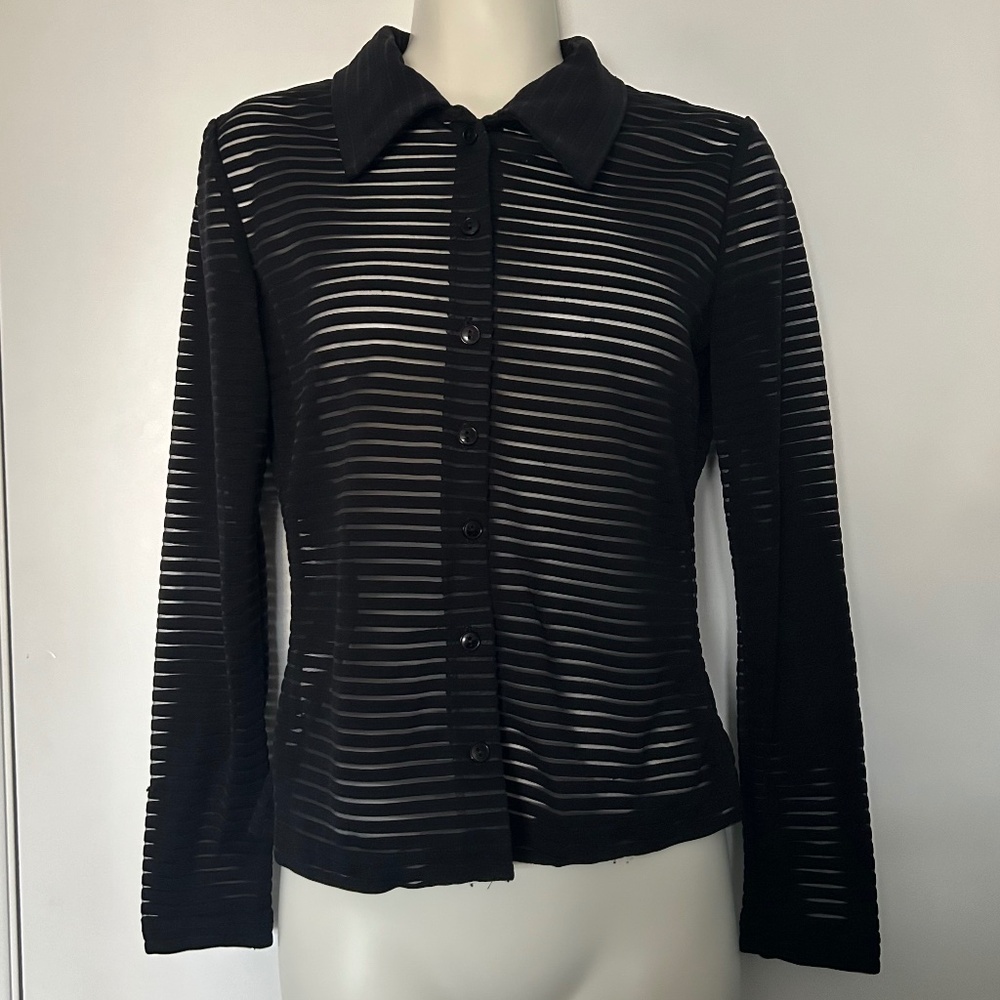 SD Collection Vintage Black Striped Mesh Button Up Long Sleeve Top
